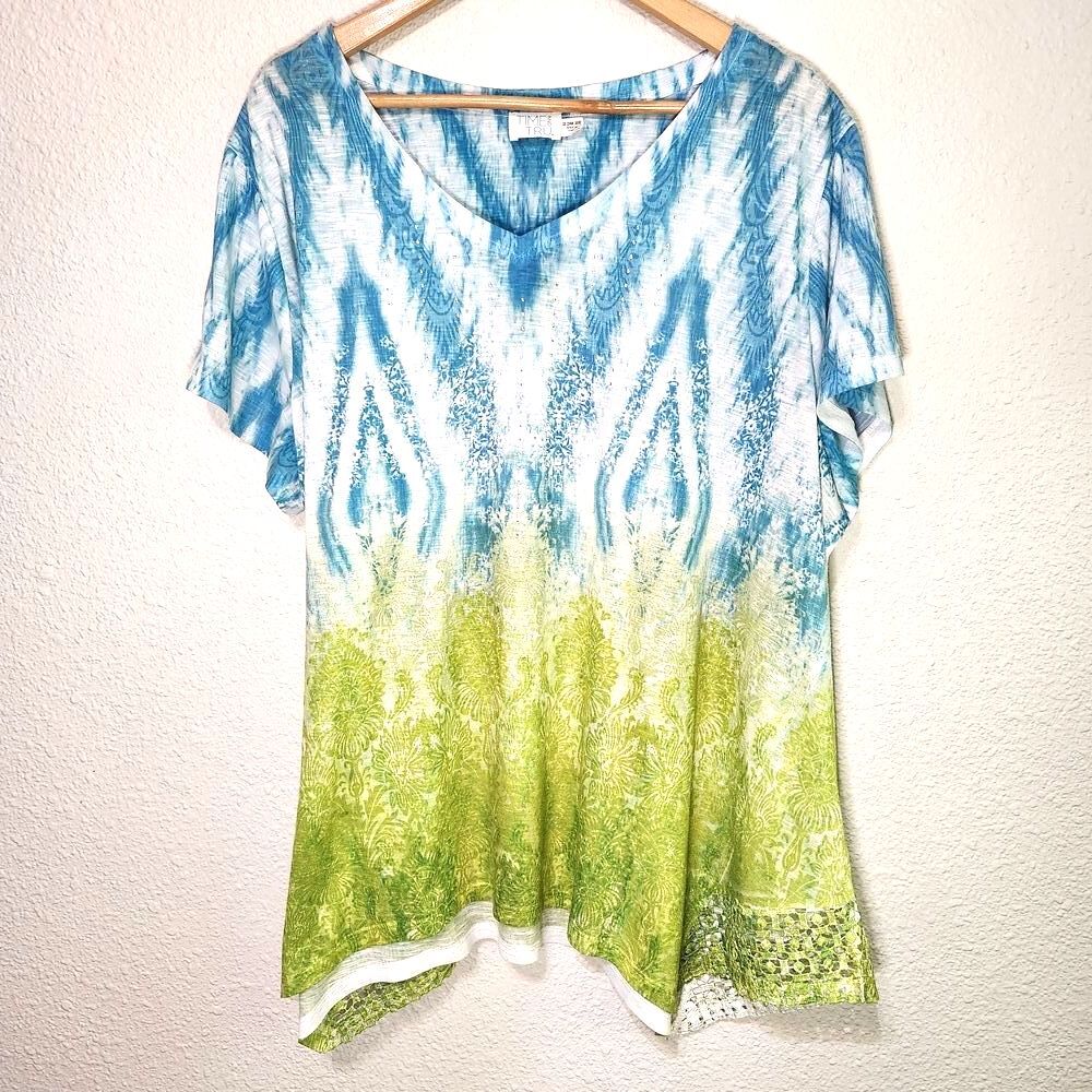 Time and Tru Blue & Green Top Tie-Dye Pattern Asymmetrical HemWomen's Size 3X